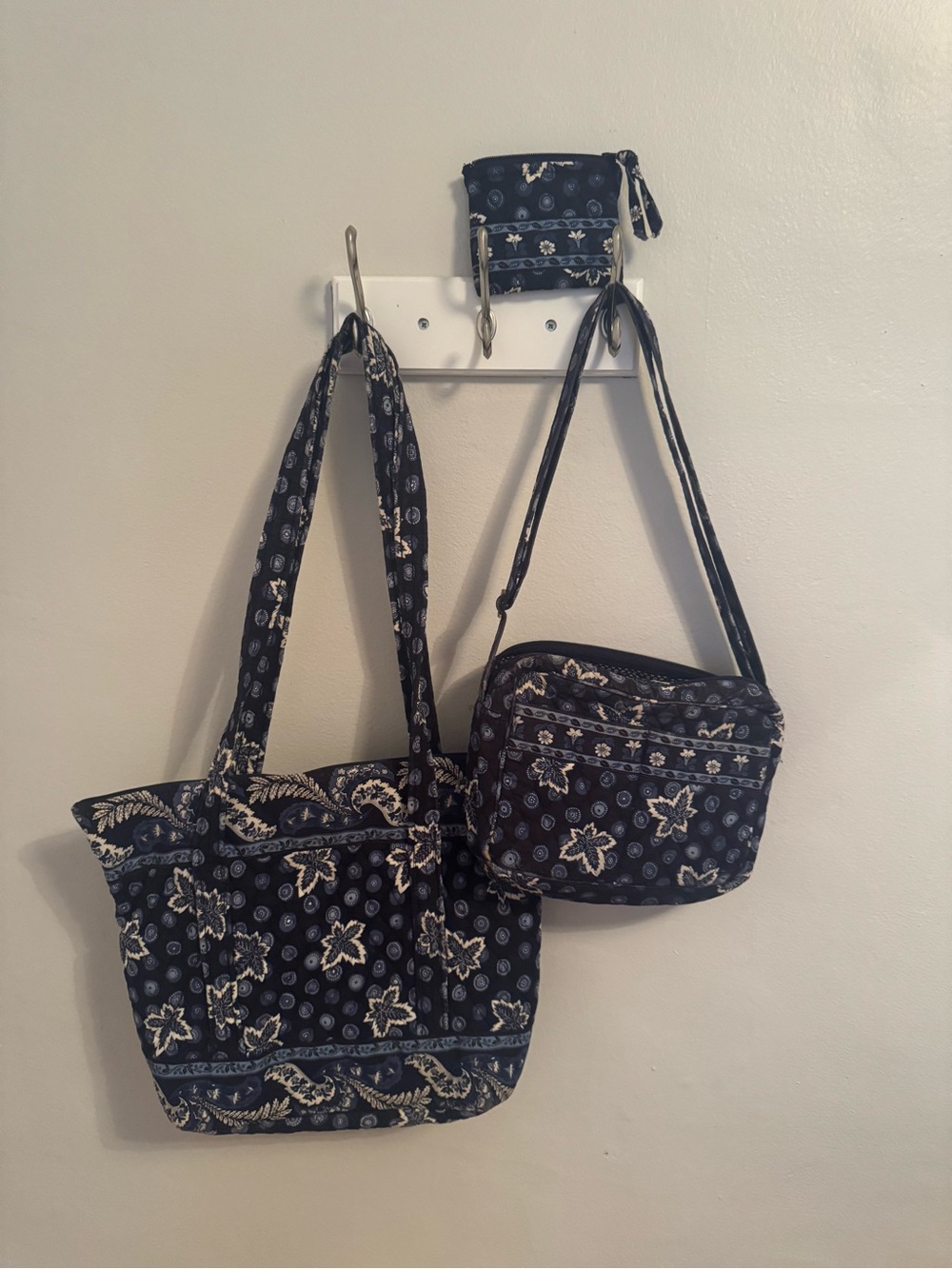 VINTAGE VERA BRADLEY SET- "Blue Coin" Print - Tote, Shoulder Bag, and Coin purse